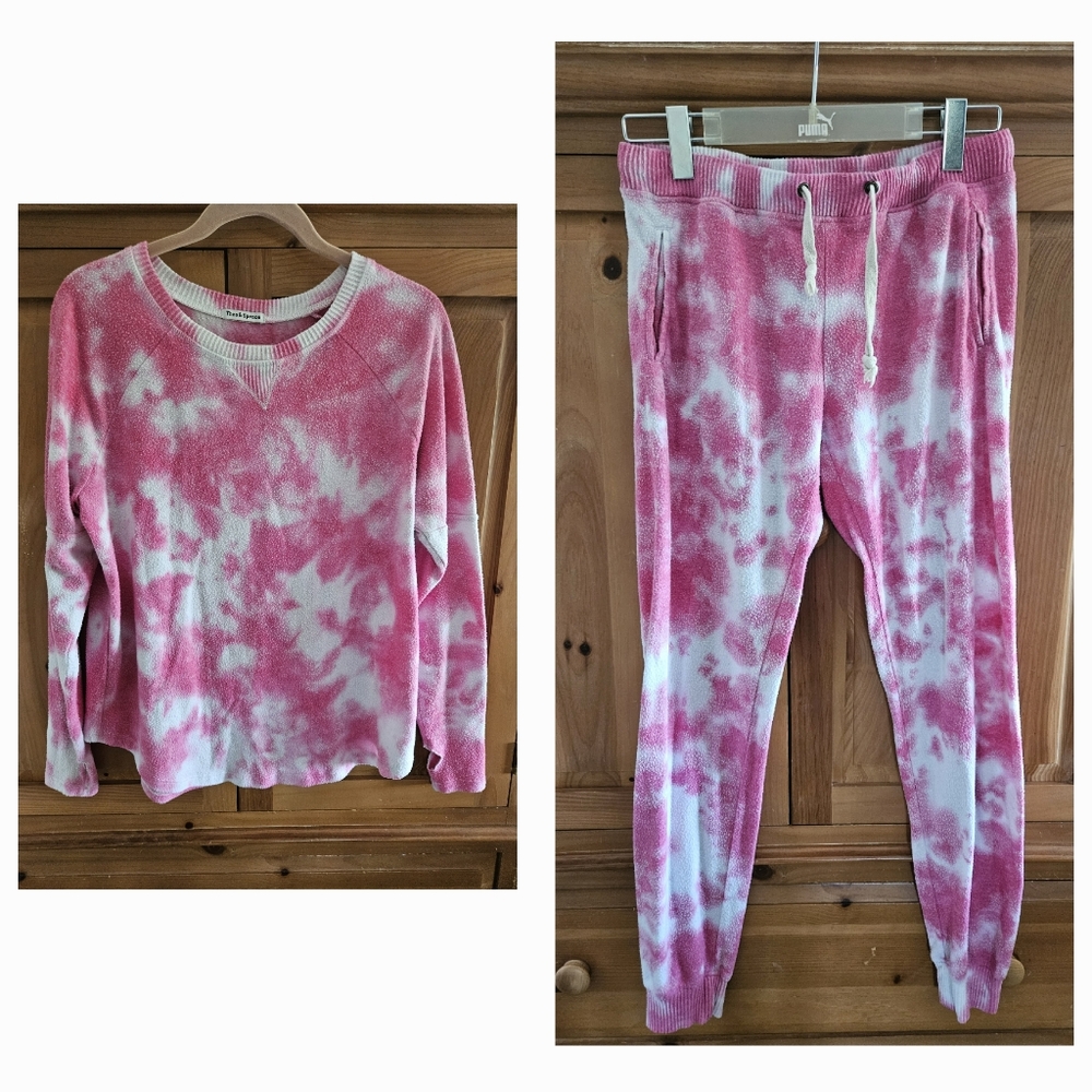 Theo & Spence Tie Dye Set Matching Crew Neck Top & Joggers Pink & White Womens M